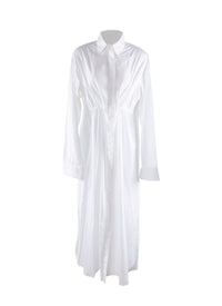Long shirt dress with fitted perforated bib - White