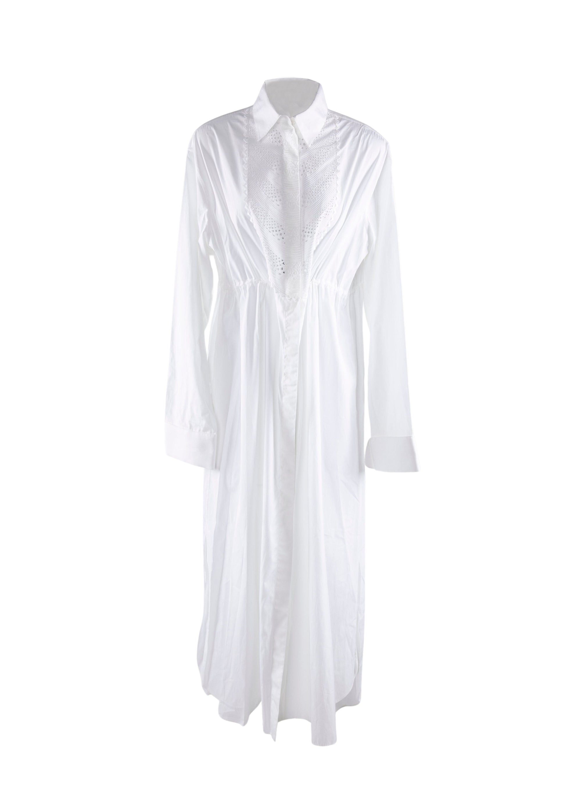 Long shirt dress with fitted perforated bib - White