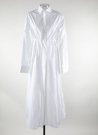 Long shirt dress with fitted perforated bib - White