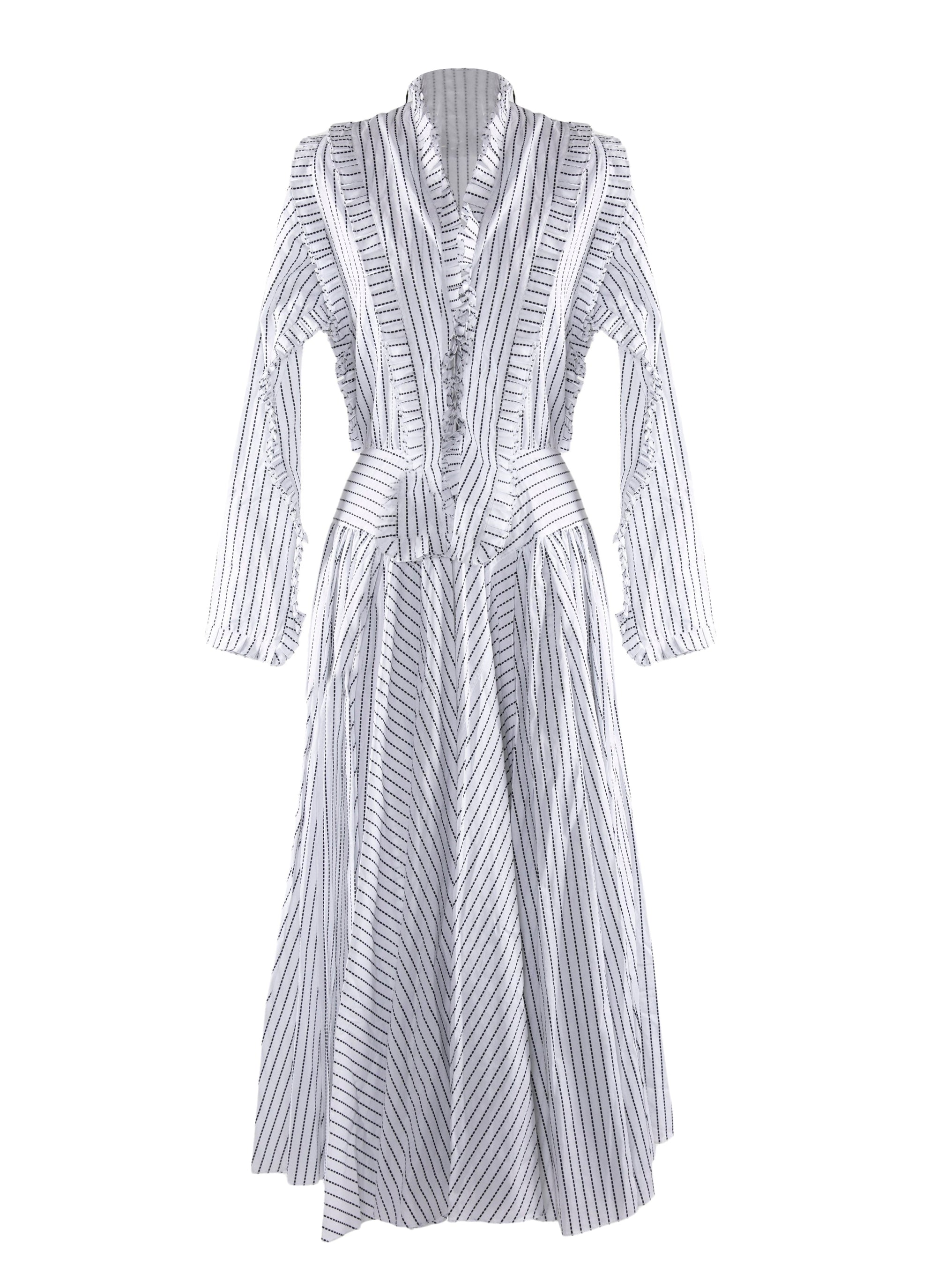 Robe à manches longues à rayures et à volants - Blanc & Noir