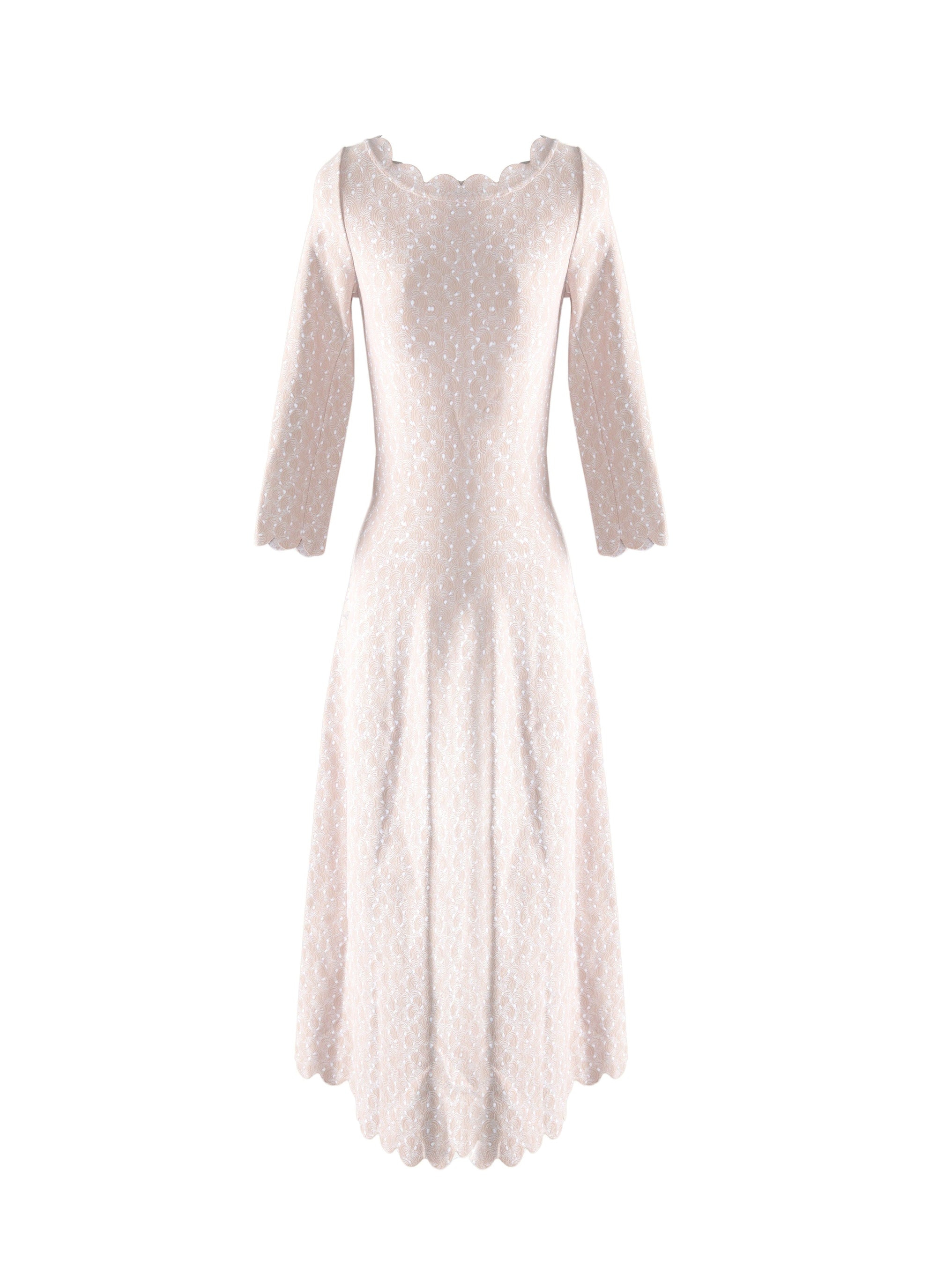3/4 Sleeve Printed Dress with Scalloped Hem - Blush Pink