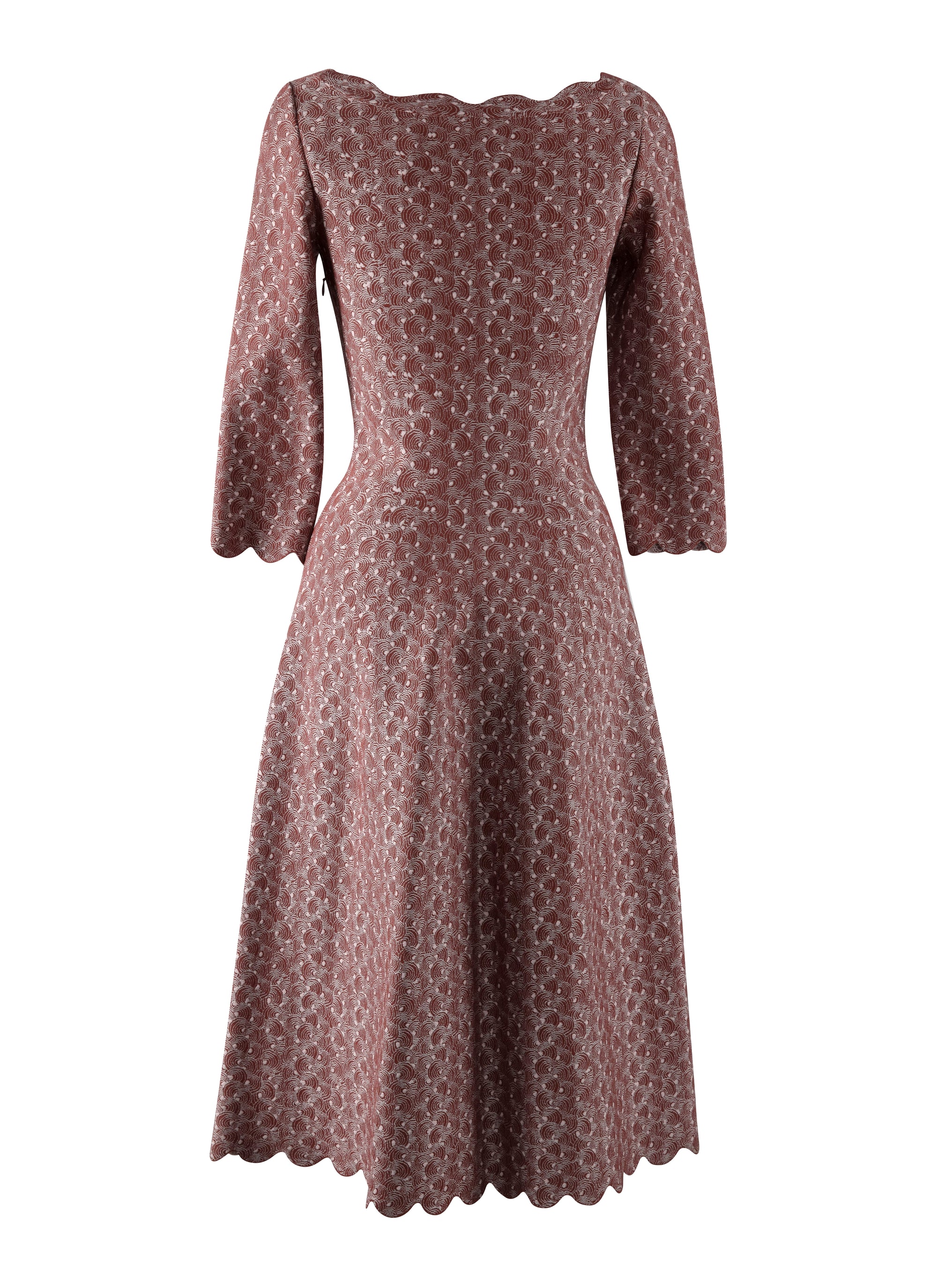 3/4 Sleeve Printed Dress with Scalloped Hem - Hazelnut