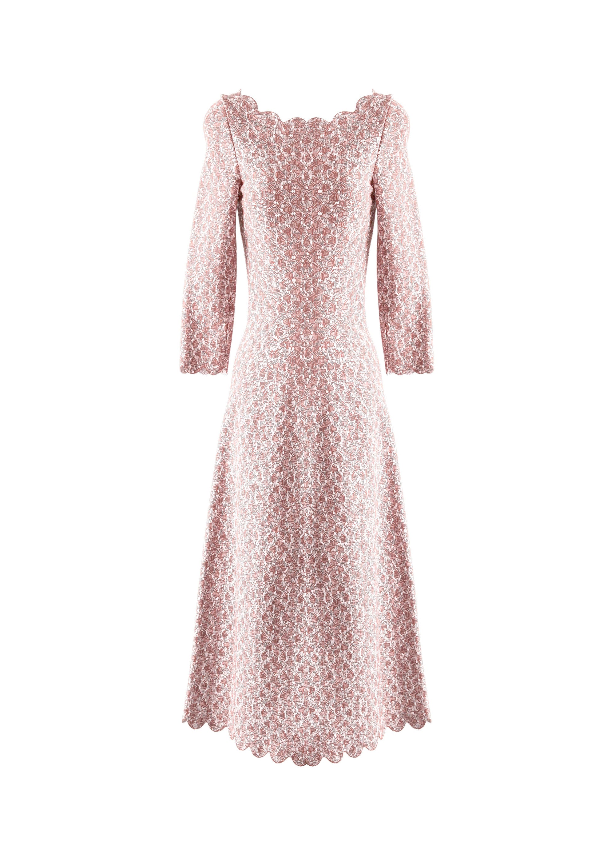 3/4 Sleeve Printed Dress with Scalloped Hem - Hazelnut