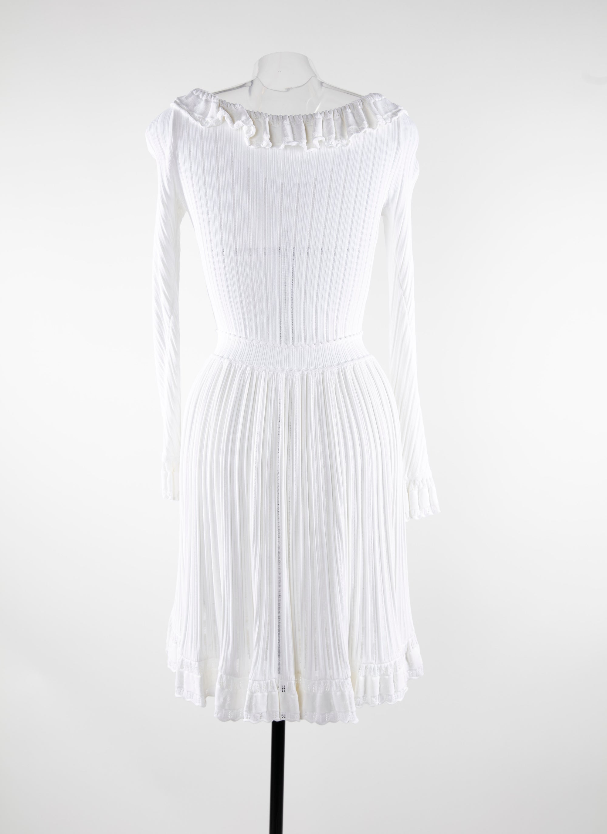 Frill-neck dress with lace detail at hem - White