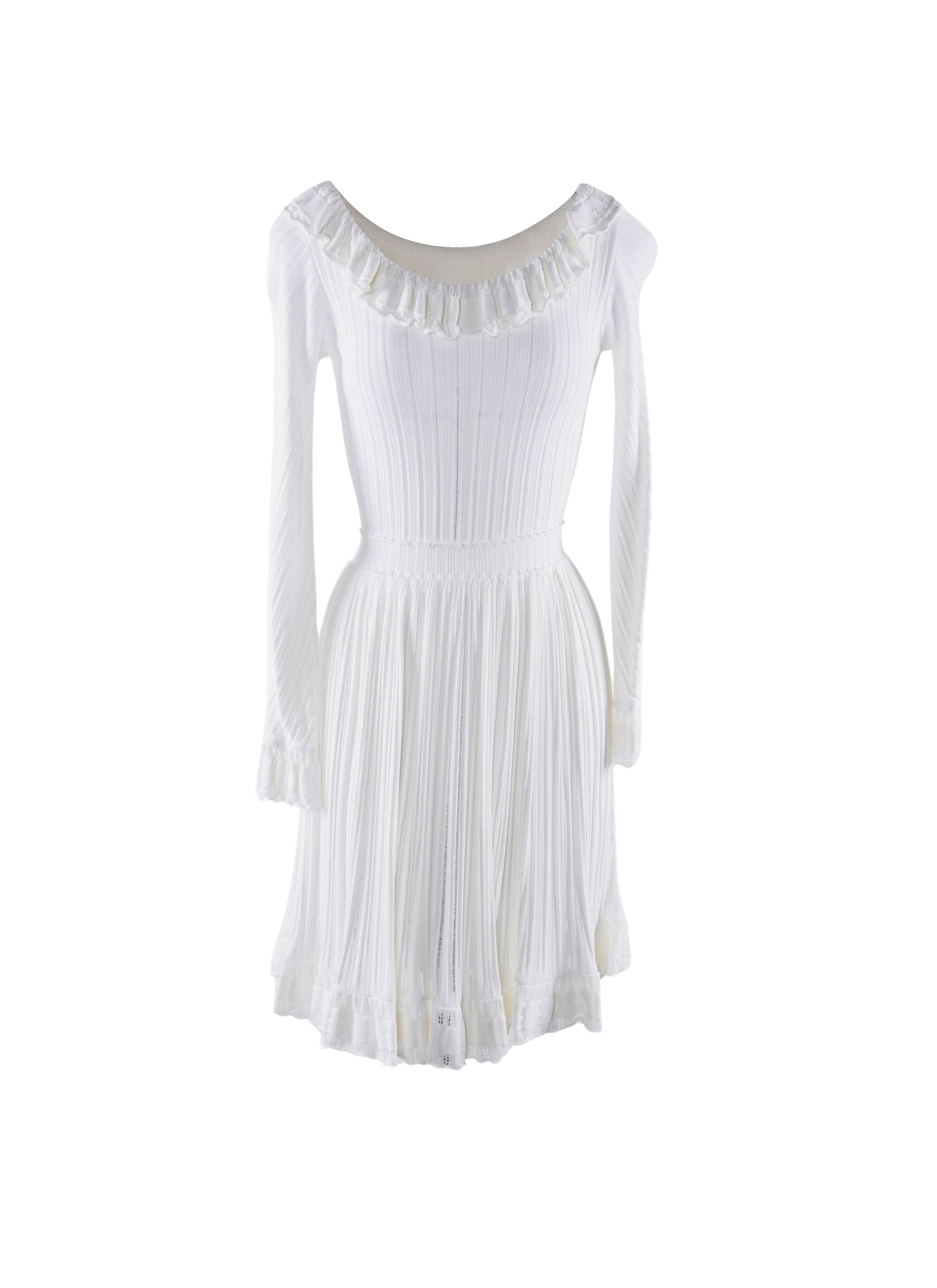 Frill-neck dress with lace detail at hem - White