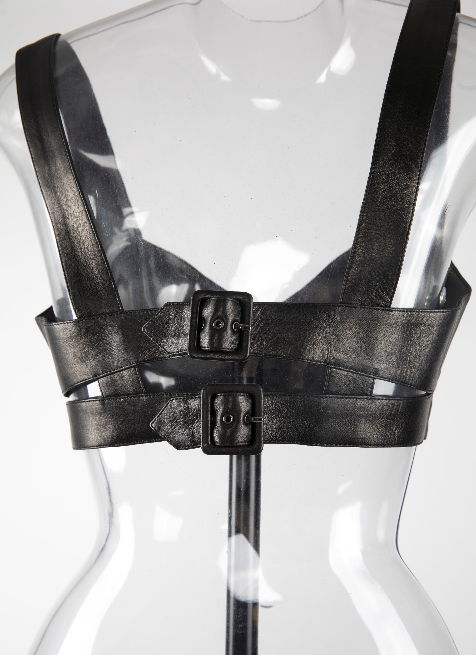 Bra with metal buckle fastenings in leather - Black intense