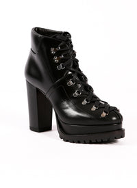 Platform boots with wide heel in leather - Black intense