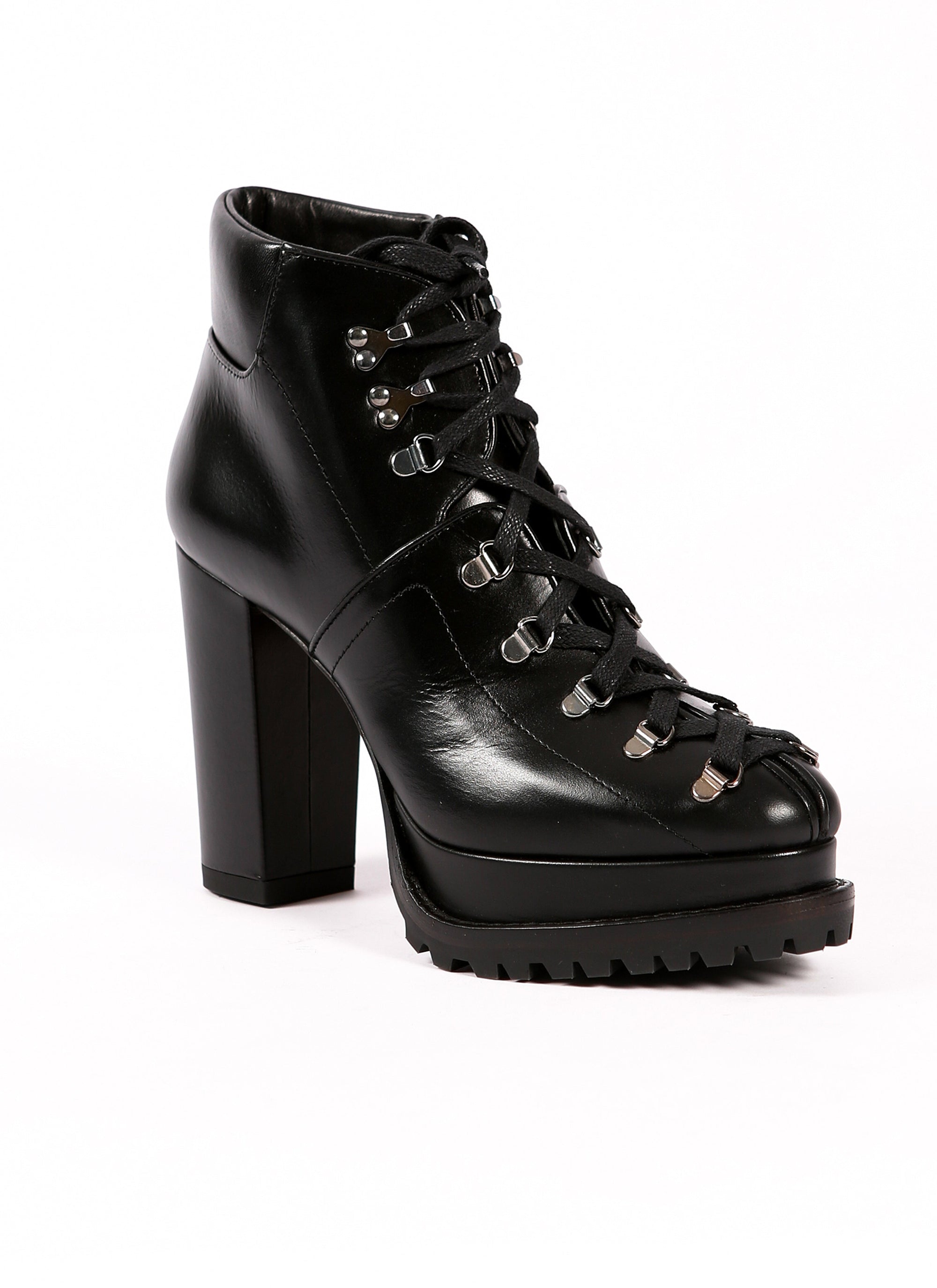 Platform boots with wide heel in leather - Black intense