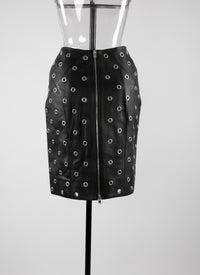 Jupe en cuir à oeillets zippée - Noir