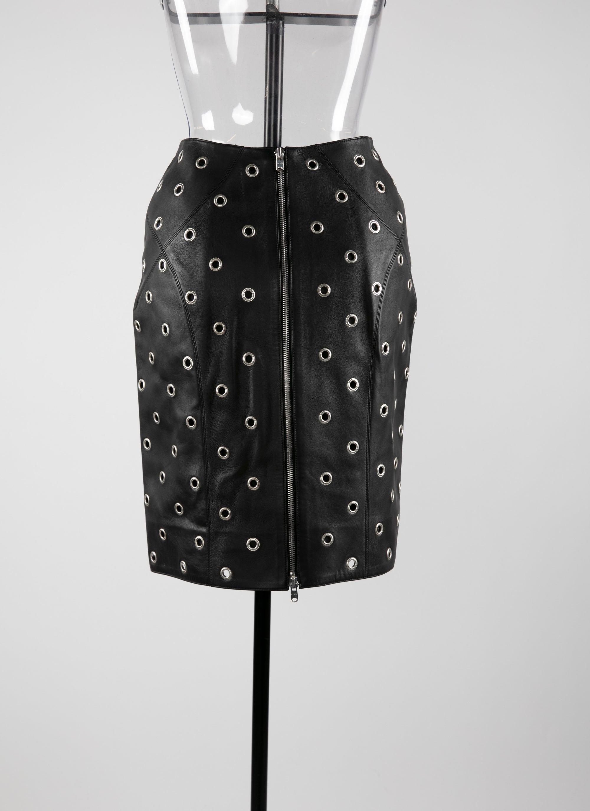 Jupe en cuir à oeillets zippée - Noir