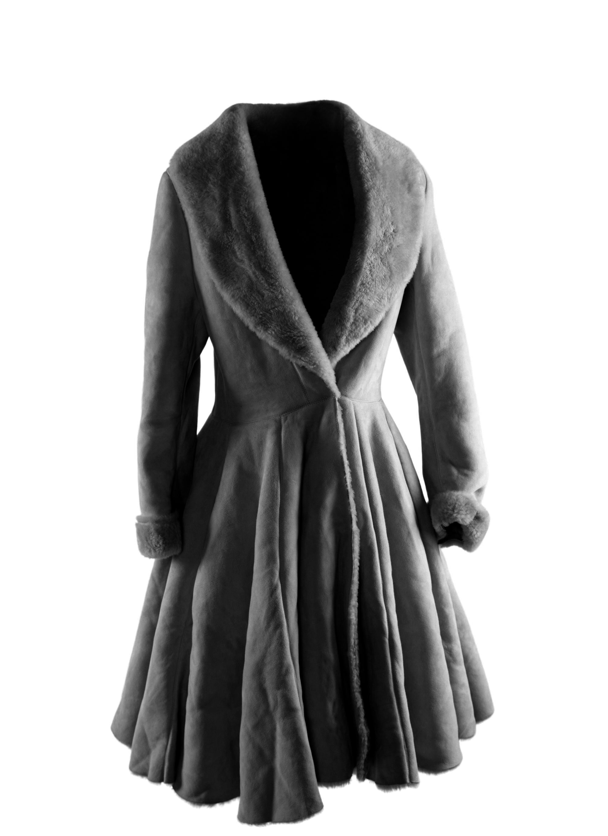 Manteau en cuir évasé col fourrure - Noir