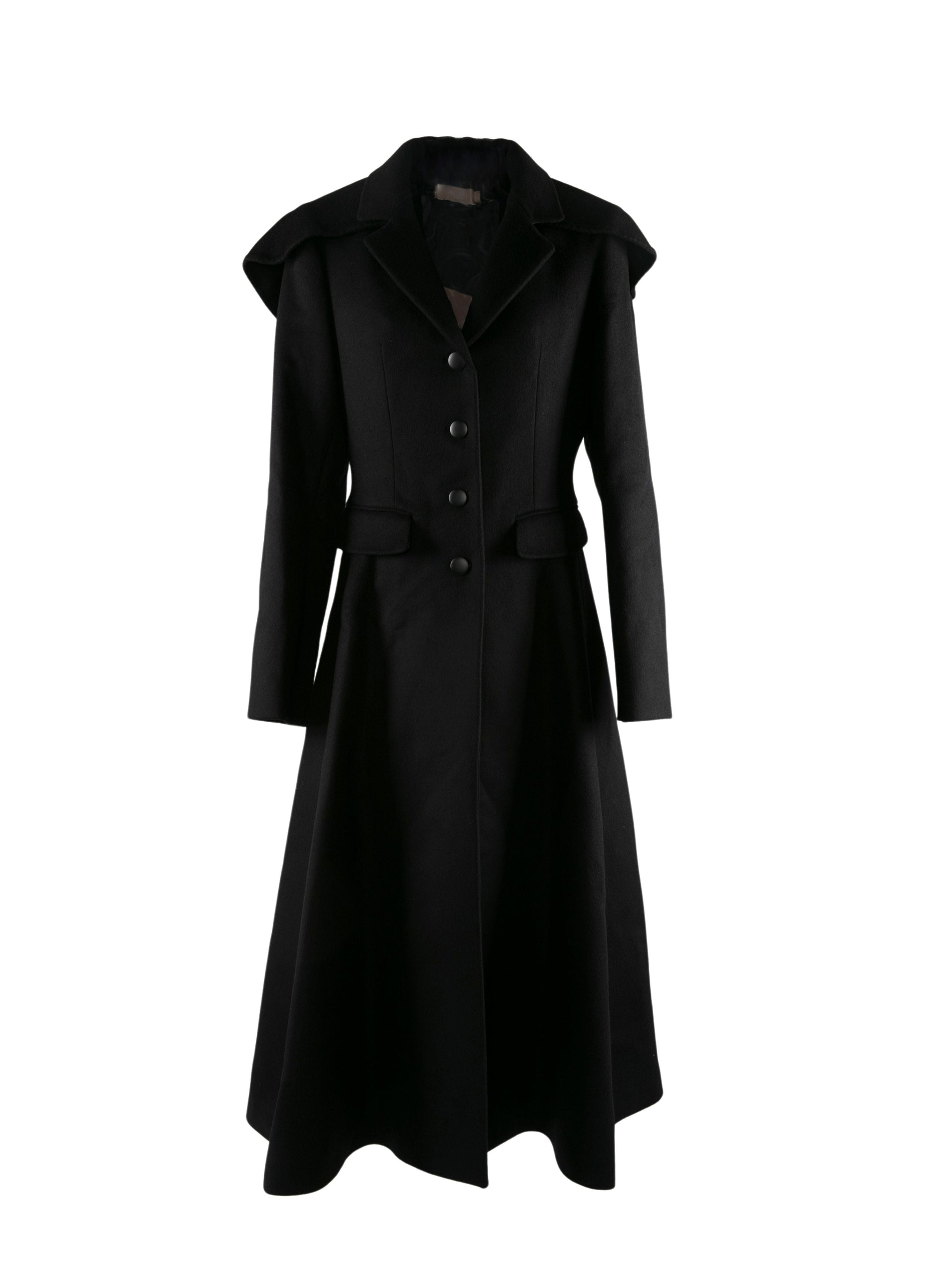 Wool flared coat with buttoned hood - Black intense