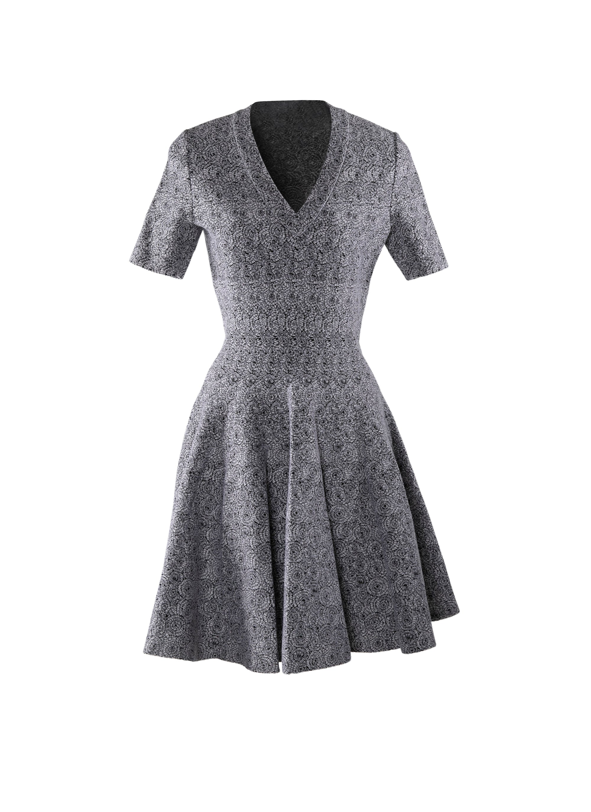 Robe patineuse à col v en laine - Blanc & Noir
