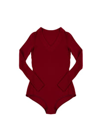 Long-sleeved wool v-neck bodysuit - Madder