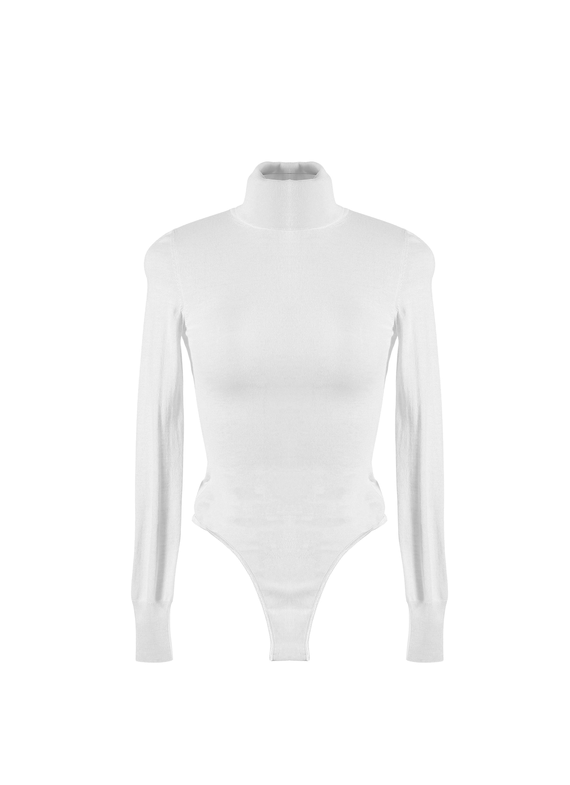 Long-sleeved bodysuit in wool with stand-up collar - White pearl