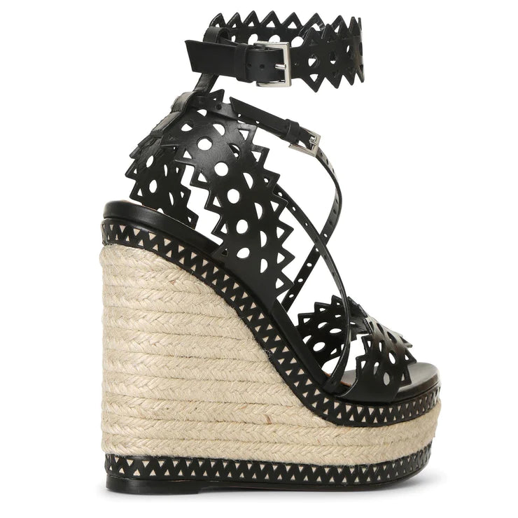 135 wedge espadrille sandals in leather - Black intense