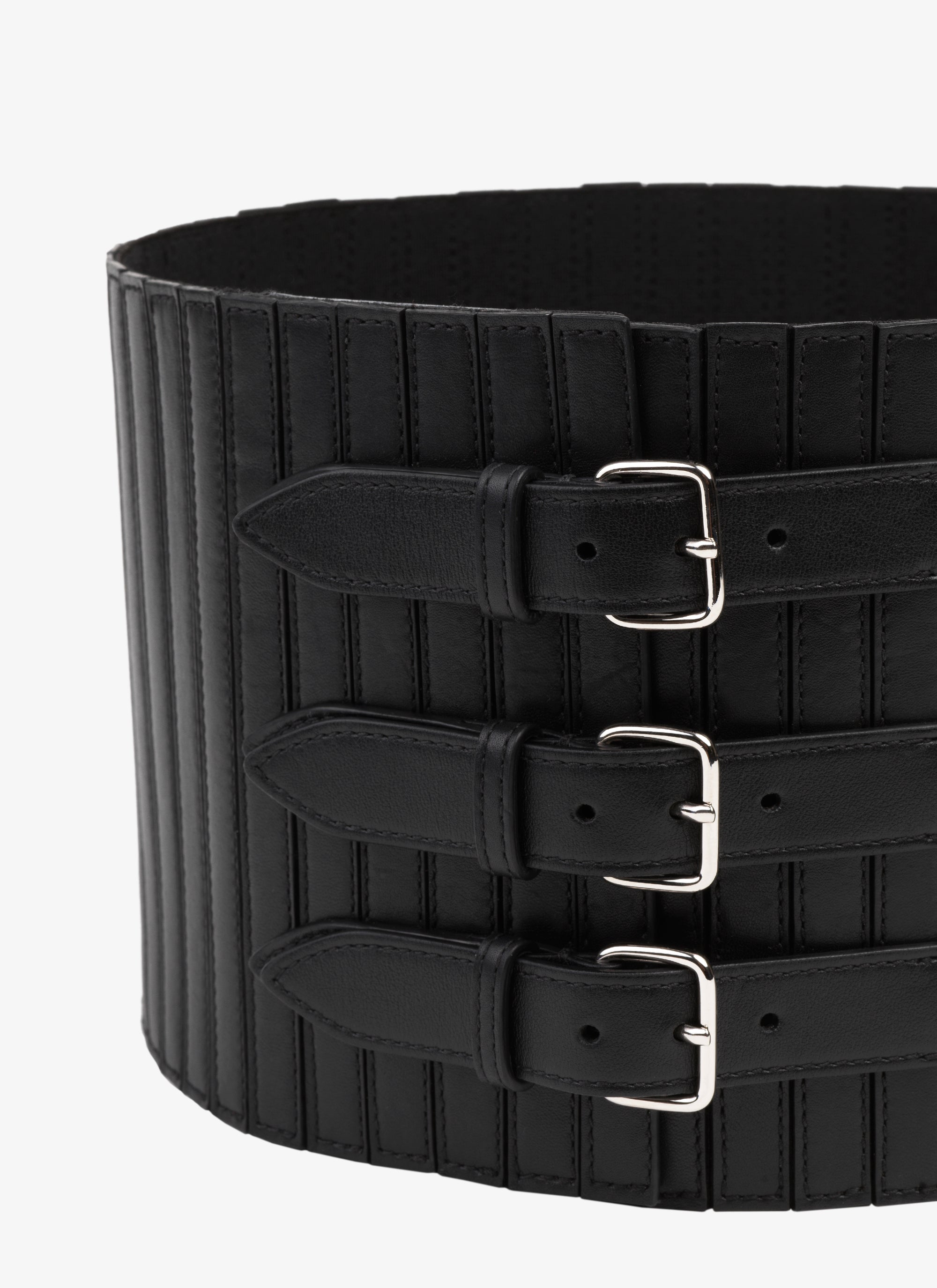Multi buckle elastic corset in leather - Black intense