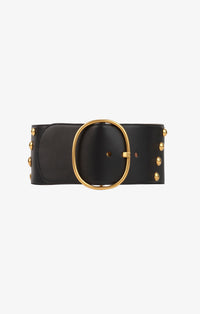 Oval Leather Studded Belt - Black & Gold