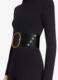 Oval Leather Studded Belt - Black & Gold