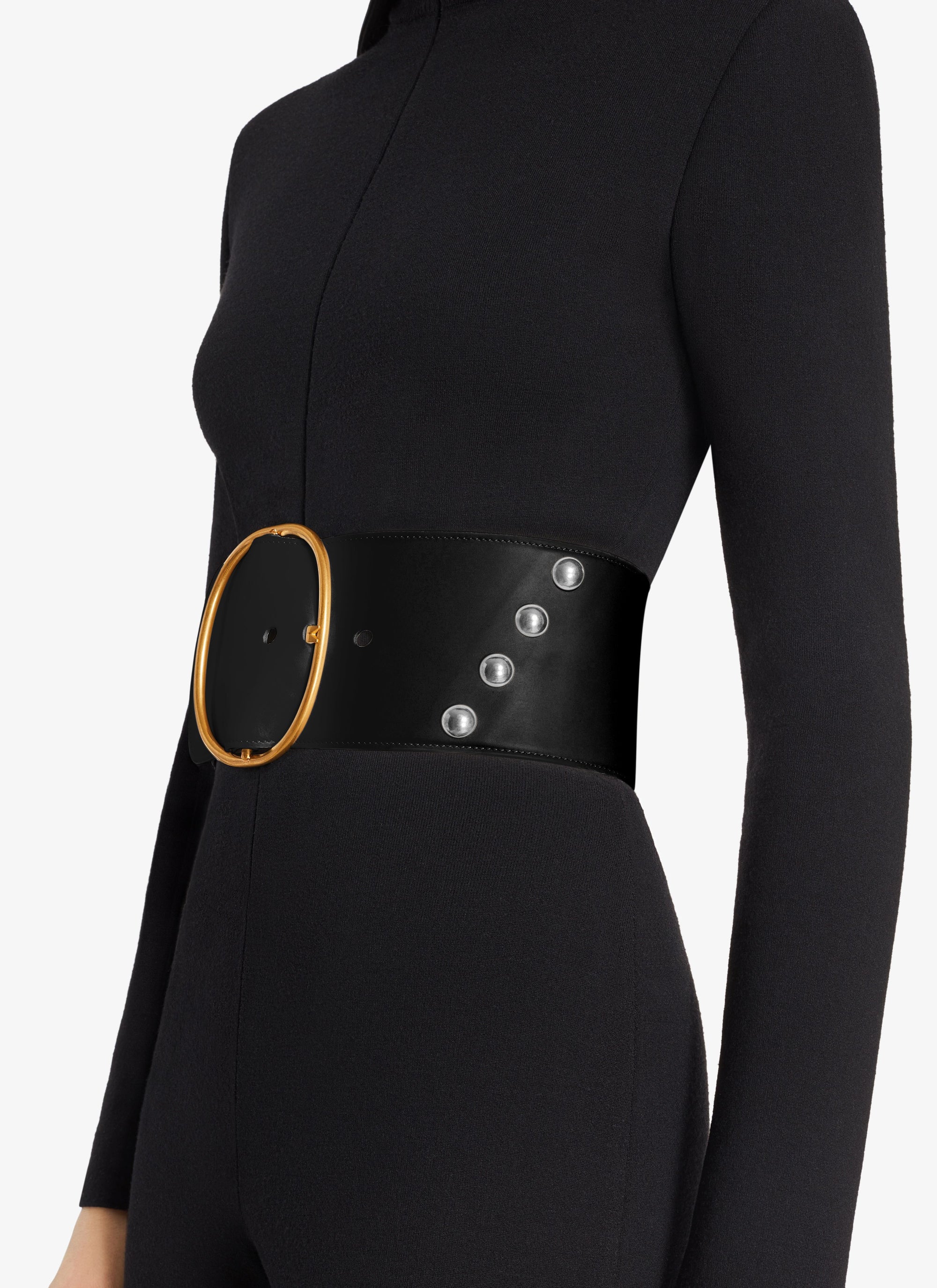 Oval Leather Studded Belt - Black & Gold
