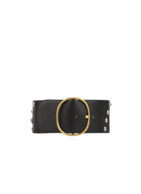 Oval Leather Studded Belt - Black & Gold