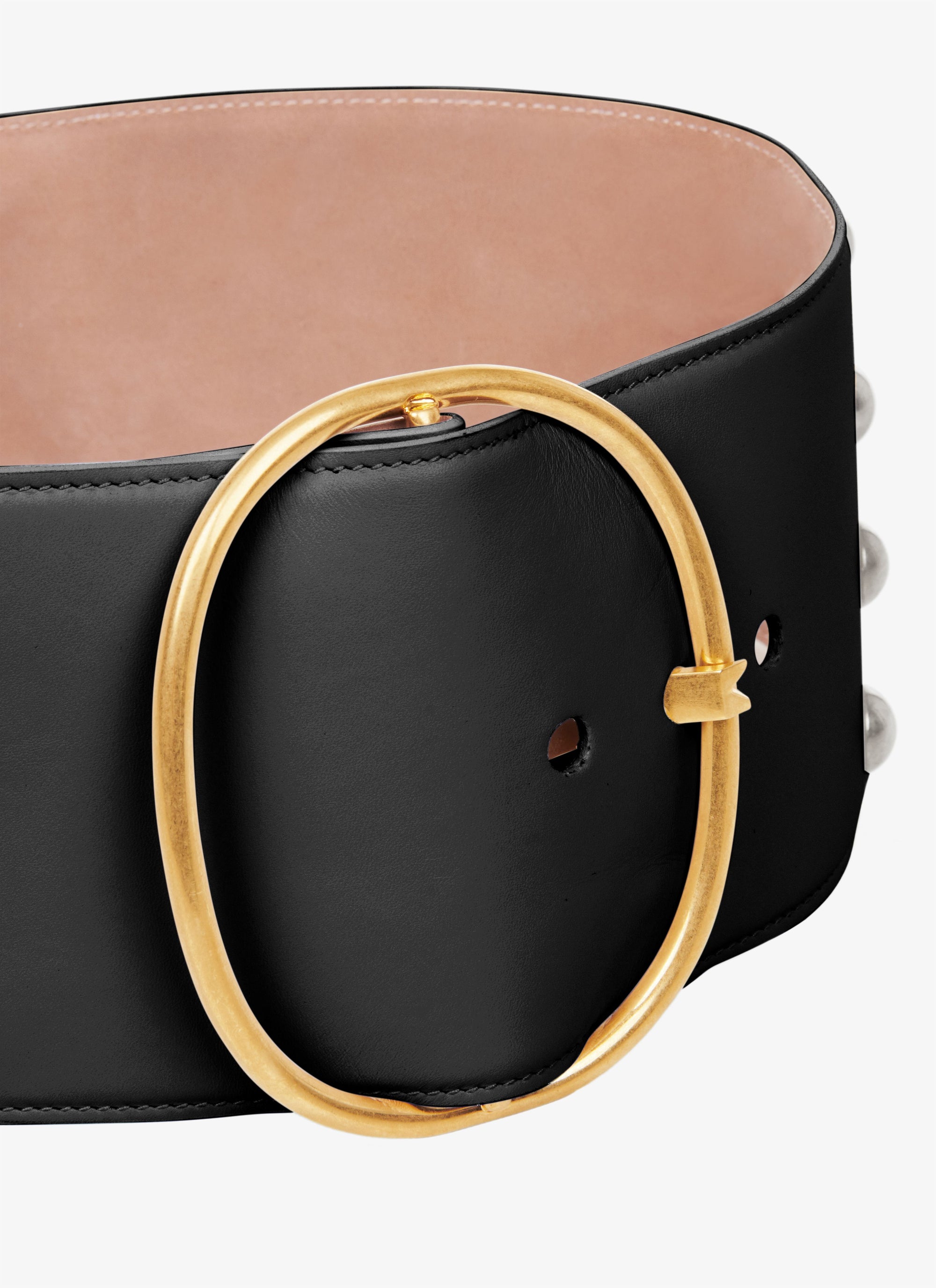 Oval Leather Studded Belt - Black & Gold