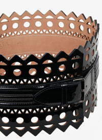 Ceinture corset ajourée vernie en cuir - Noir