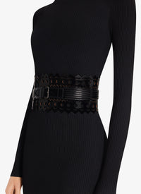 Ceinture corset ajourée vernie en cuir - Noir