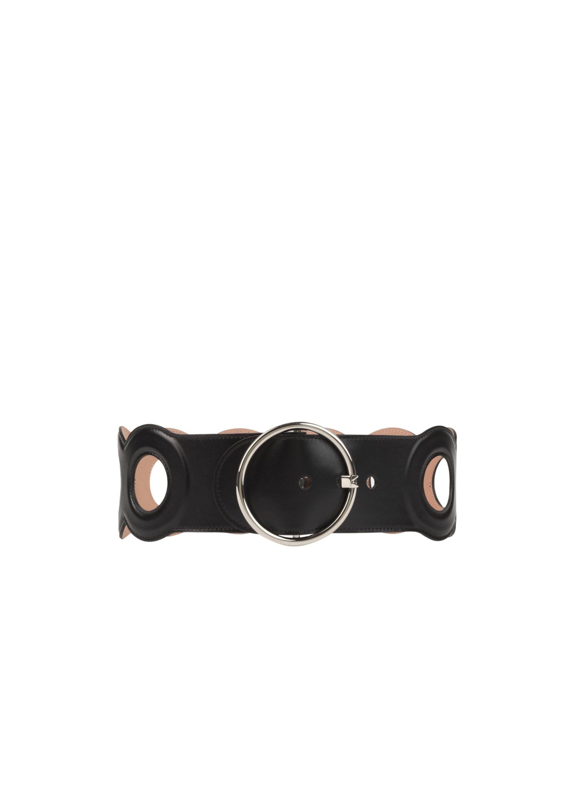Leather belt with round buckle - Black