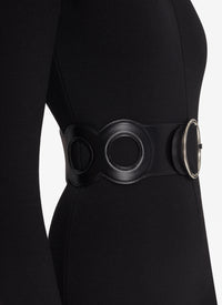Leather belt with round buckle - Black