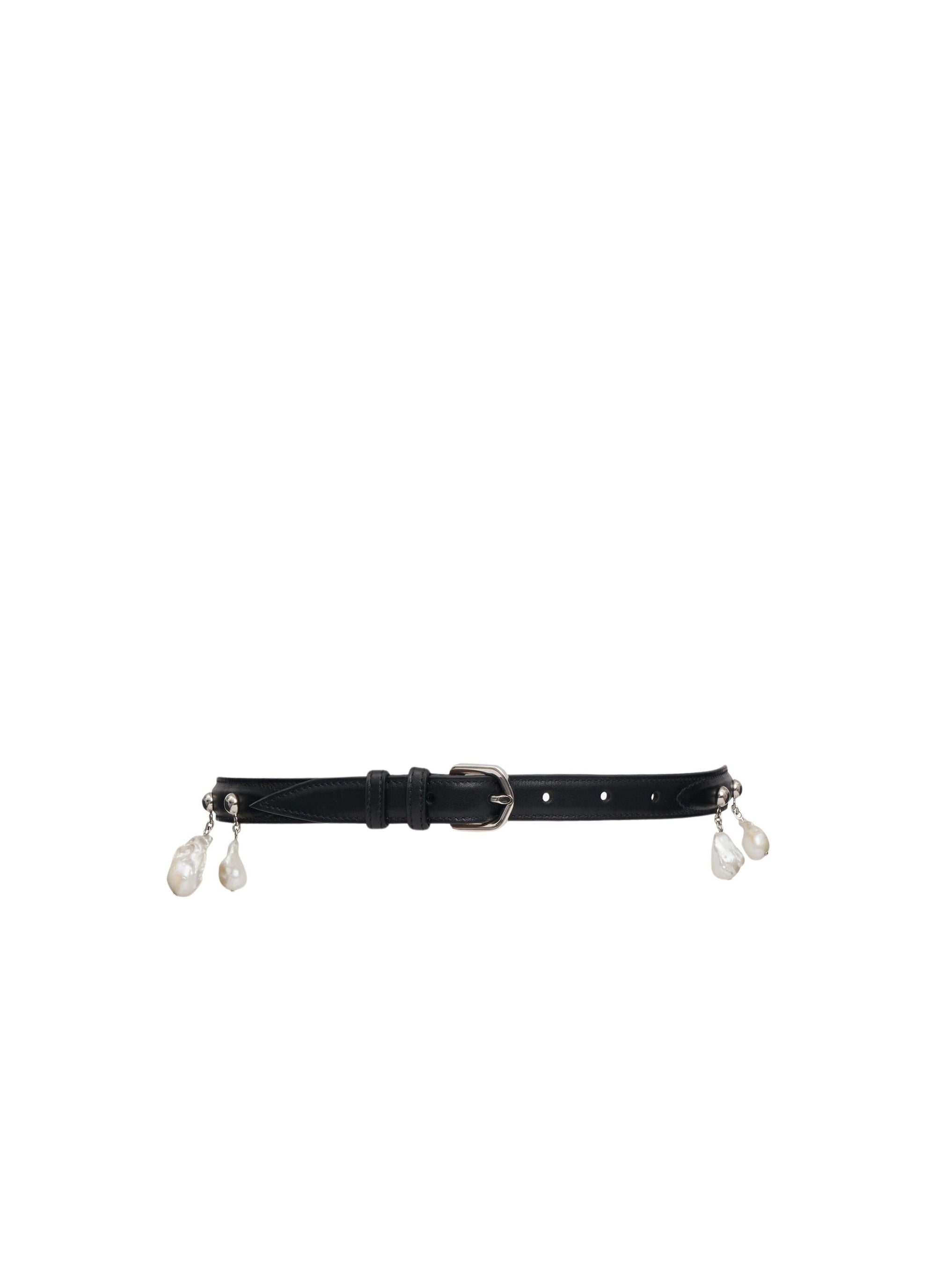 Thin leather beaded belt - Black