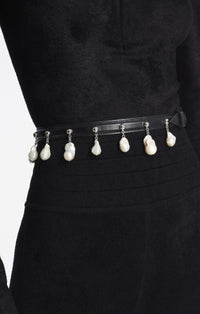 Thin leather beaded belt - Black
