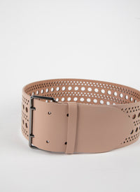 Wide flat perforated leather belt - Sand