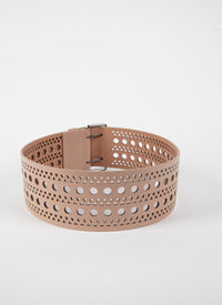 Wide flat perforated leather belt - Sand