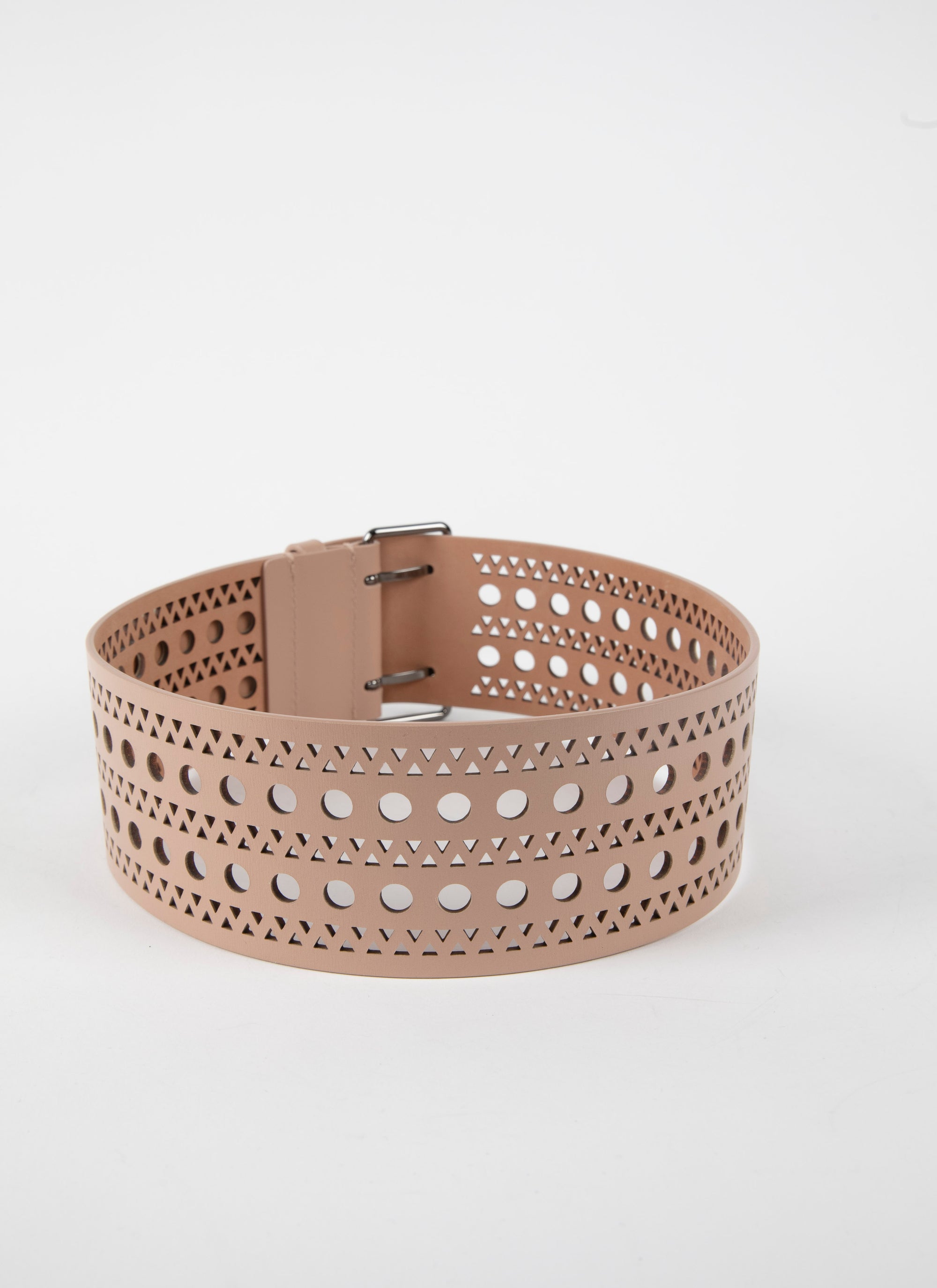 Wide flat perforated leather belt - Sand