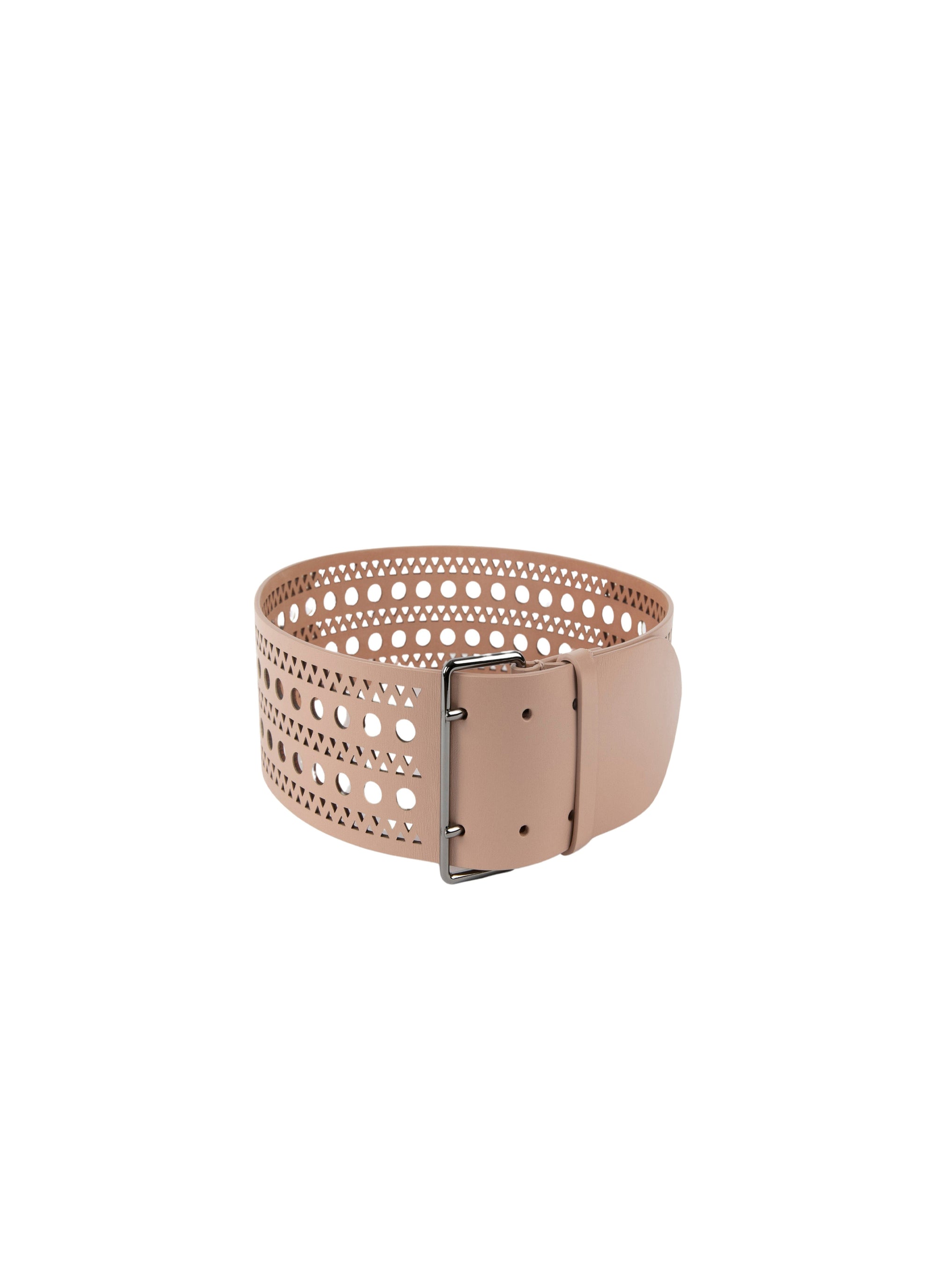 Wide flat perforated leather belt - Sand