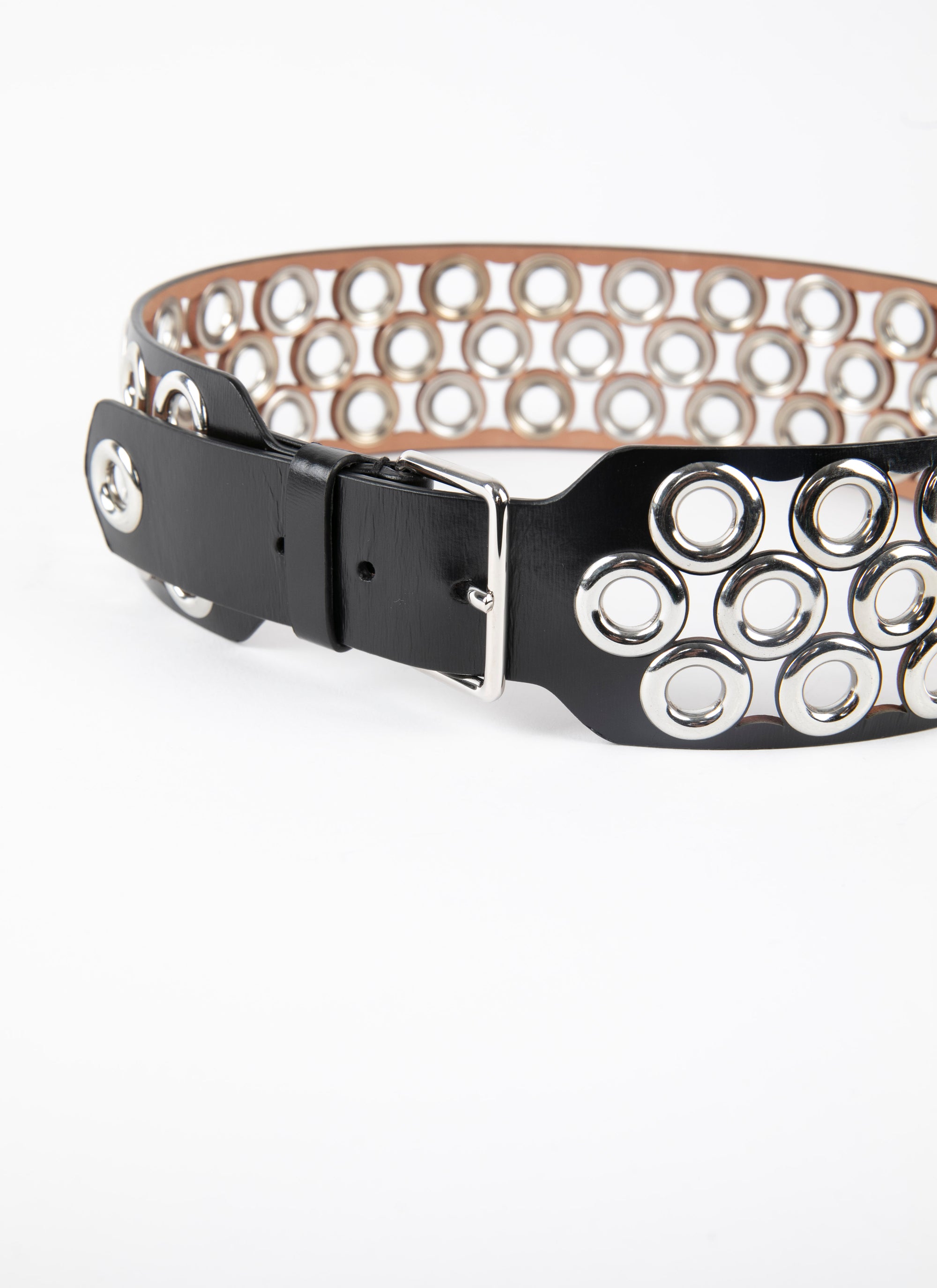 Large eyelet belt in leather - Black intense