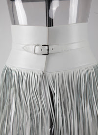 Ceinture corset à longues franges en cuir - Blanc Optique