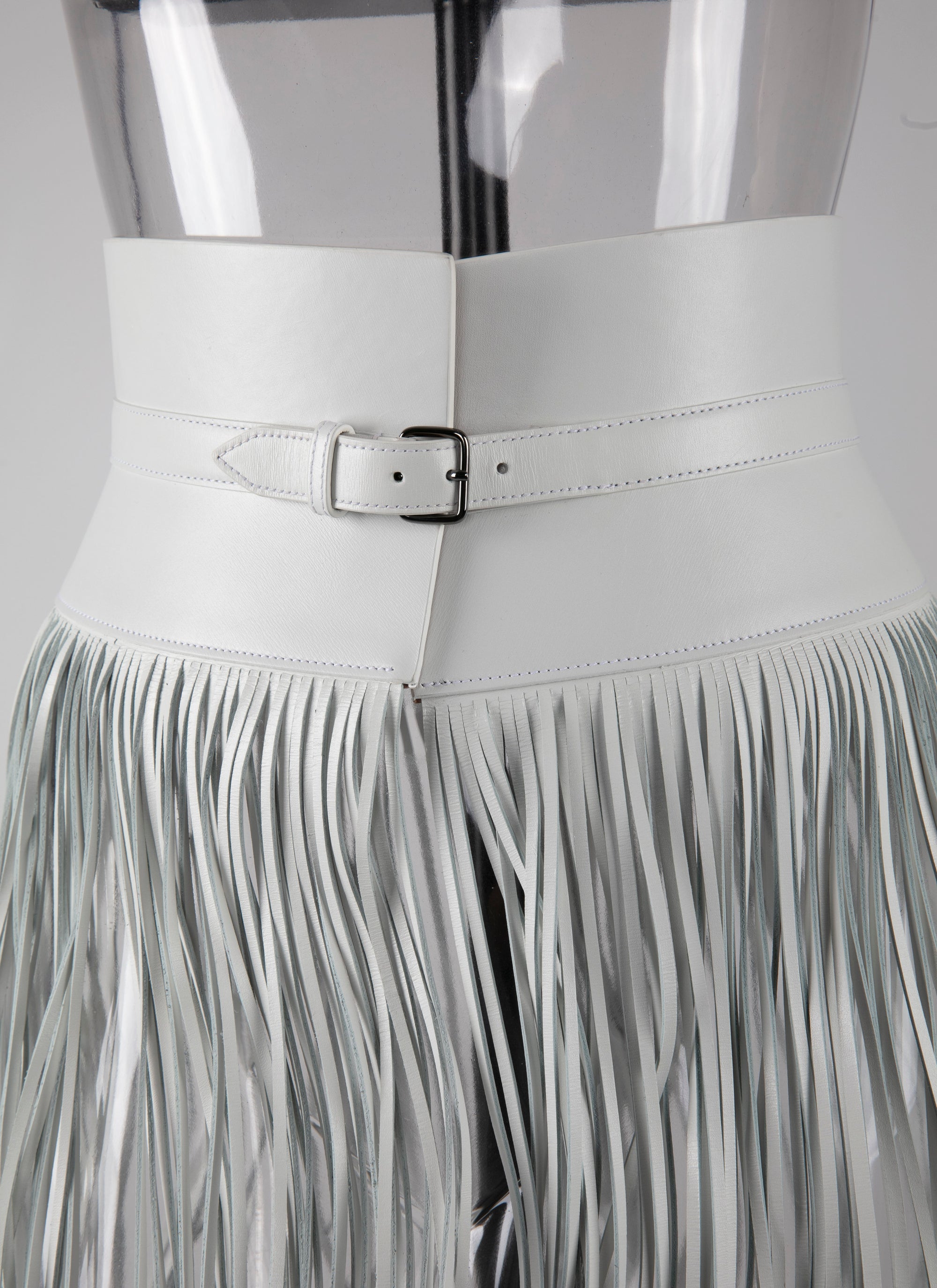 Ceinture corset à longues franges en cuir - Blanc Optique
