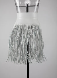 Ceinture corset à longues franges en cuir - Blanc Optique