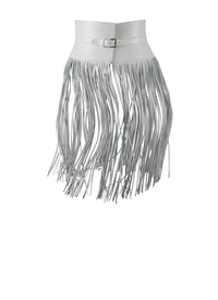 Ceinture corset à longues franges en cuir - Blanc Optique