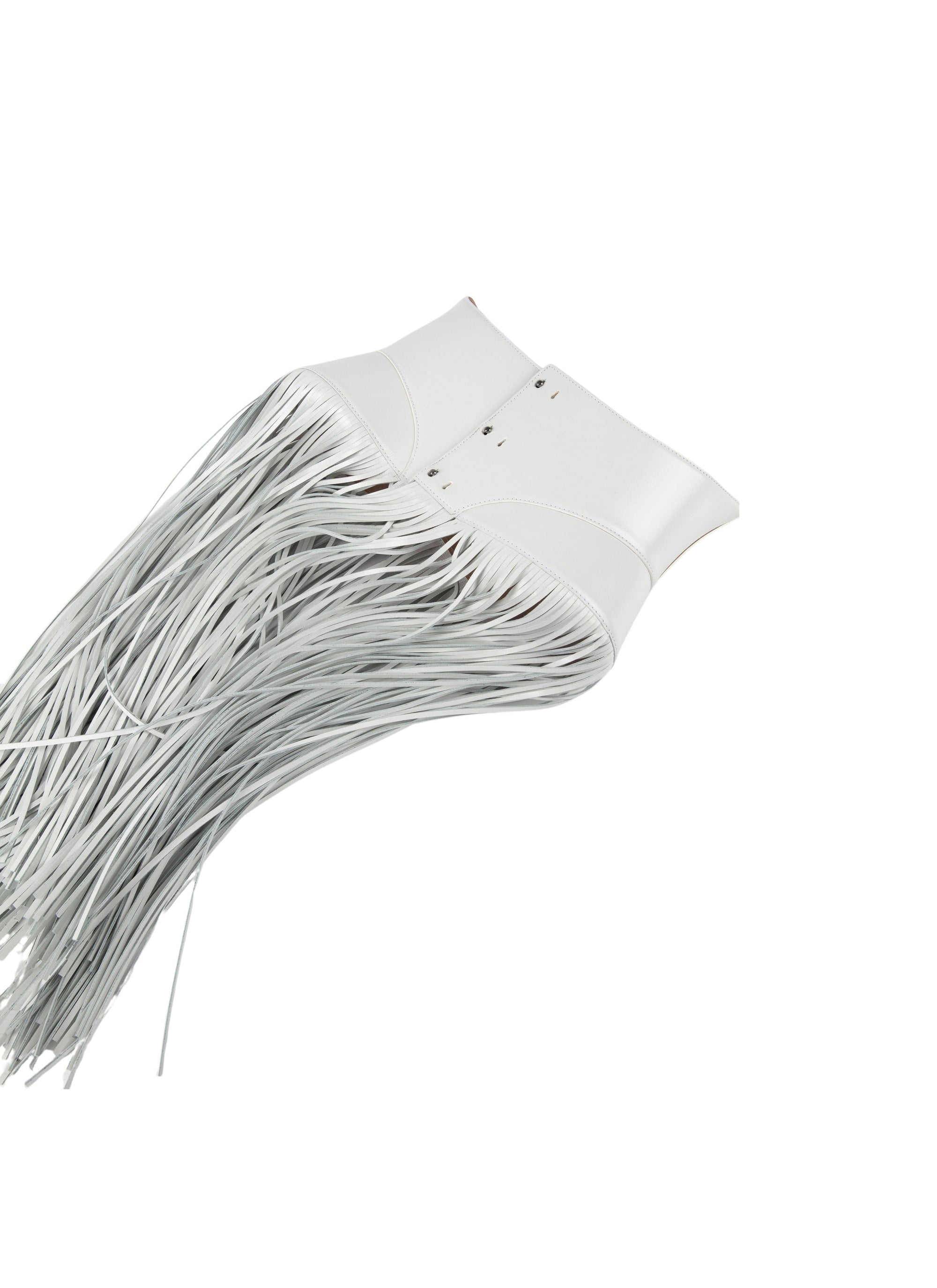 Ceinture corset à longues franges triple boutons en cuir - Blanc Optique