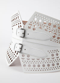 Perforated double buckle bustier belt in leather - Optic White