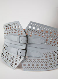 Perforated double buckle bustier belt in leather - Cloud