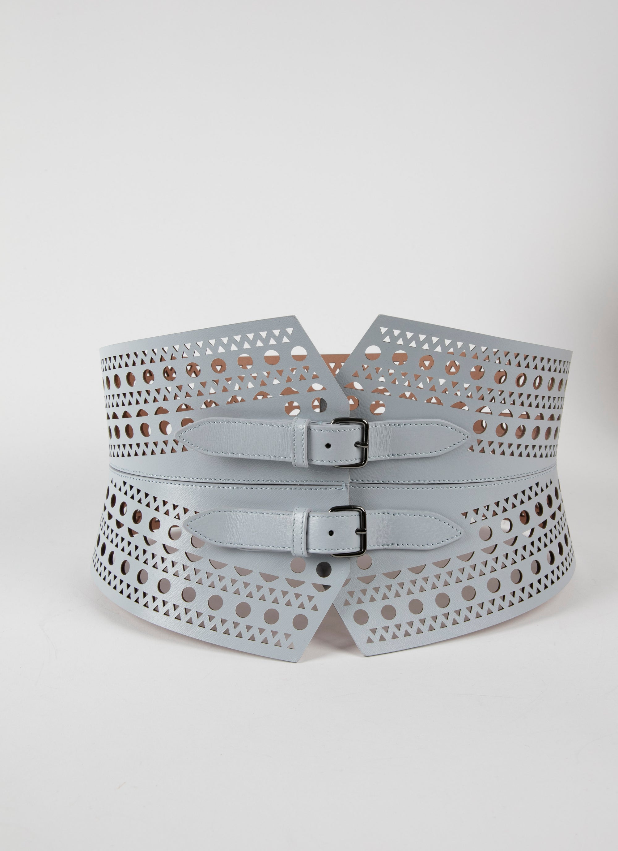 Perforated double buckle bustier belt in leather - Cloud