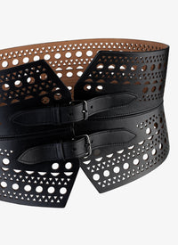 Ceinture bustier perforée à double boucle en cuir - Noir