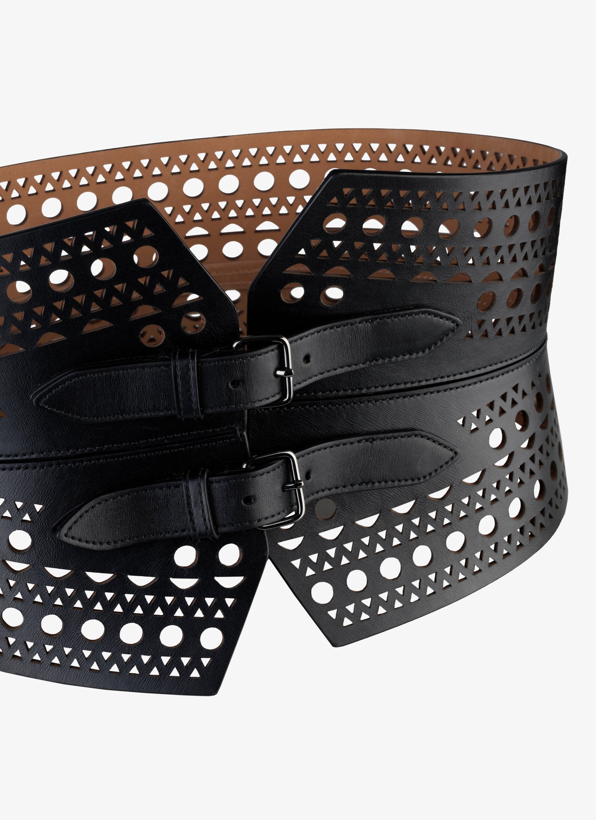 Ceinture bustier perforée à double boucle en cuir - Noir
