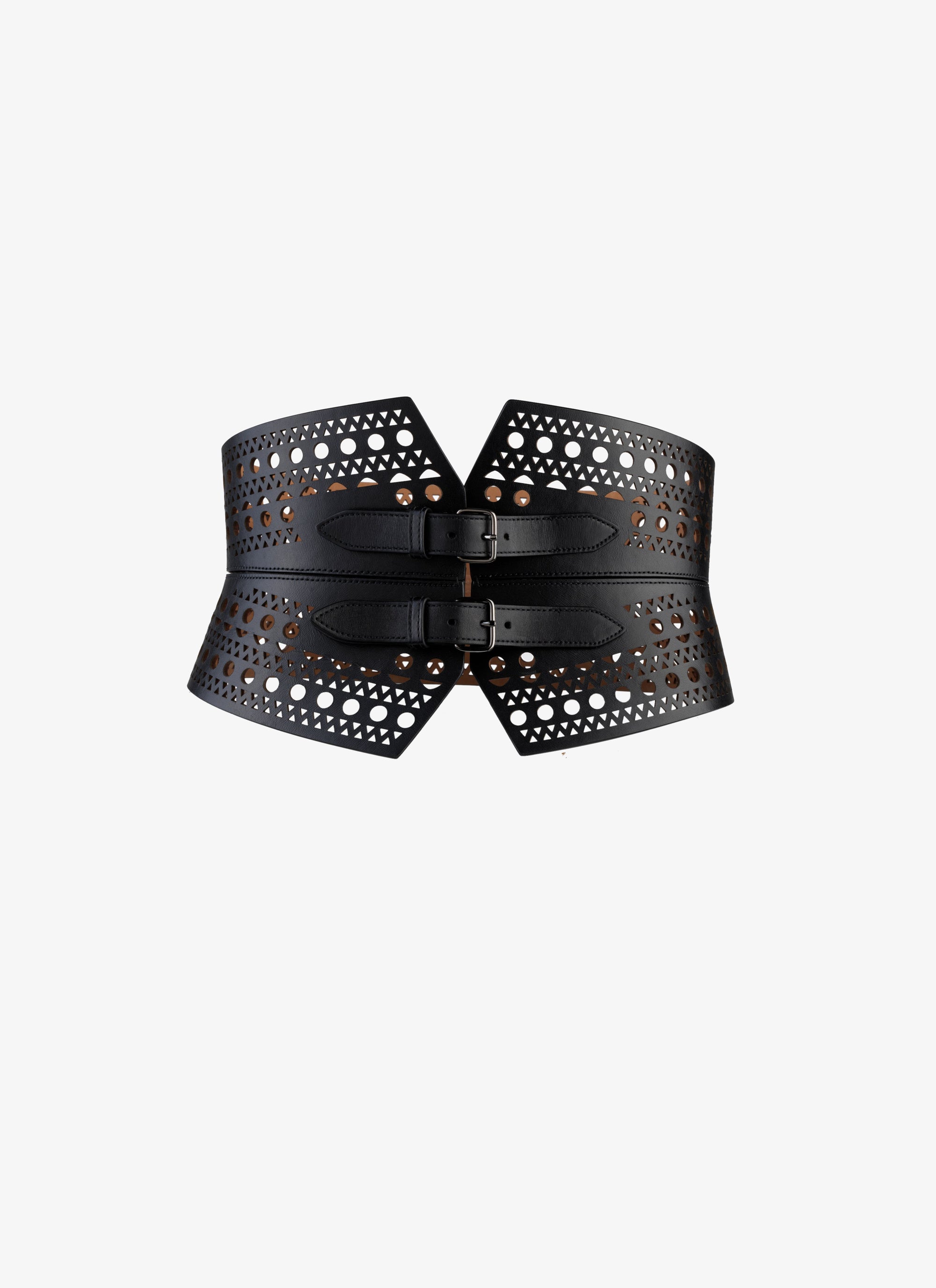 Ceinture bustier perforée à double boucle en cuir - Noir