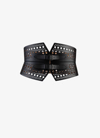 Ceinture bustier perforée à double boucle en cuir - Noir