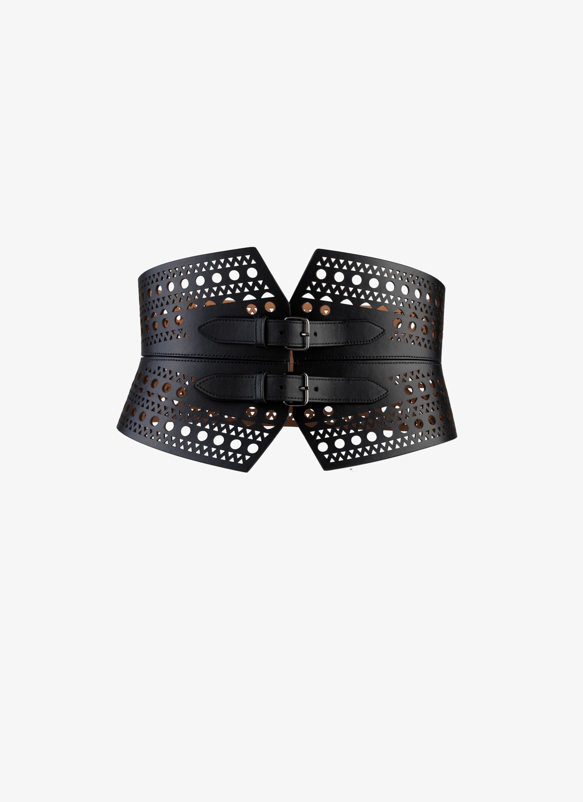 Ceinture bustier perforée à double boucle en cuir - Noir